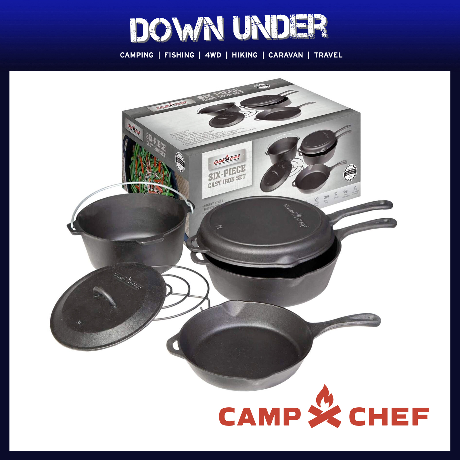 Camp Chef Six Piece Cast Iron Set, CBOX6 Pots, Skillet, Lids, and