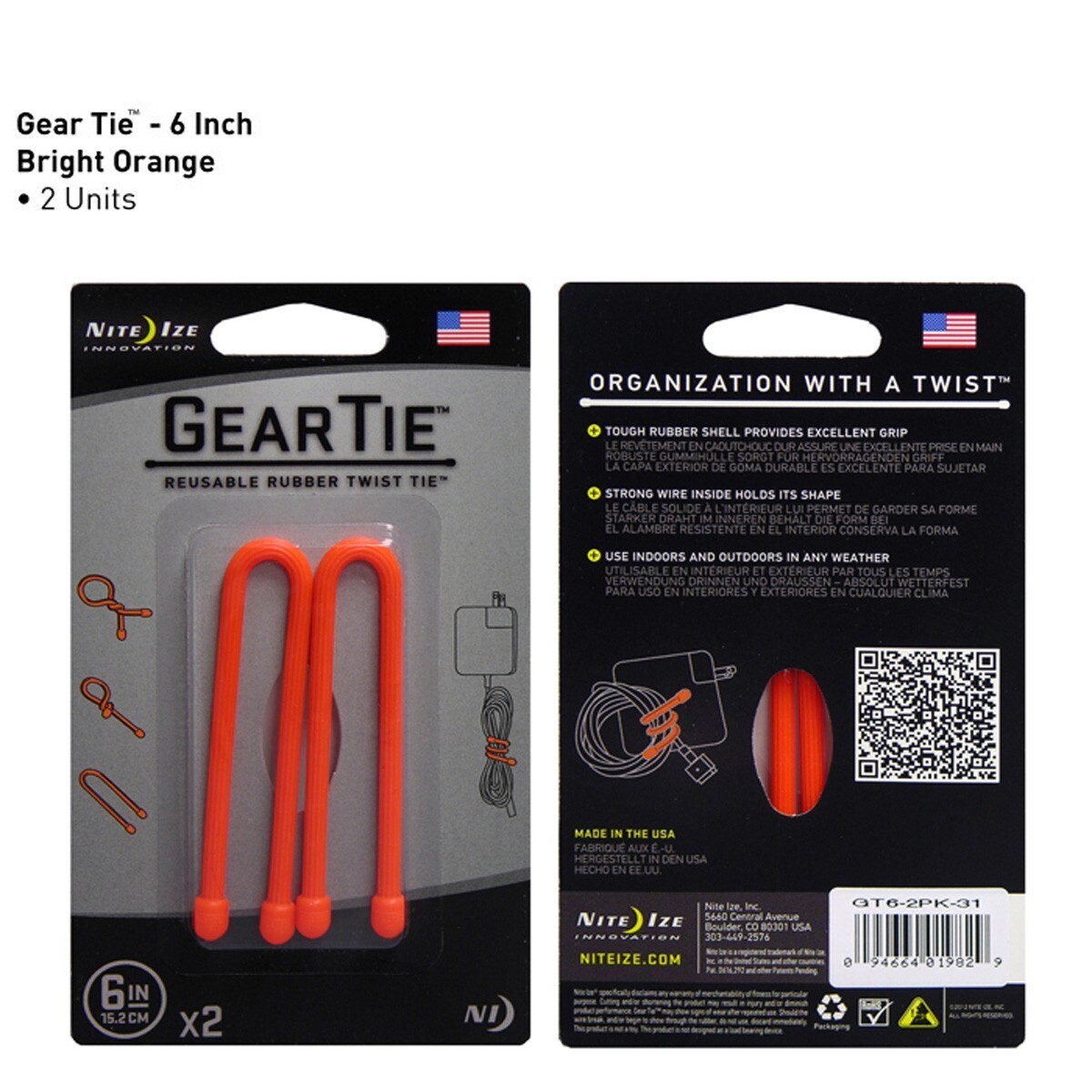 Set of Two GT6-2PK-01 Reusable Rubber Twist Tie 6" overall. Nite Ize Gear Tie 